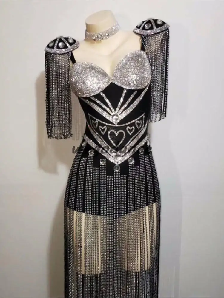 New Crystals Epaulet Fringes Leotard Sexy Women Sparkly Tassel Outfit Women Celebrate Costume Stage Party Singer Dance Wear
