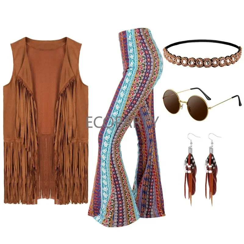 70s Costume for Women Disco Outfits Hippie Accessories Fringe Vest Boho Flared Pants Set 2023 New Style Cosplay Costume Women