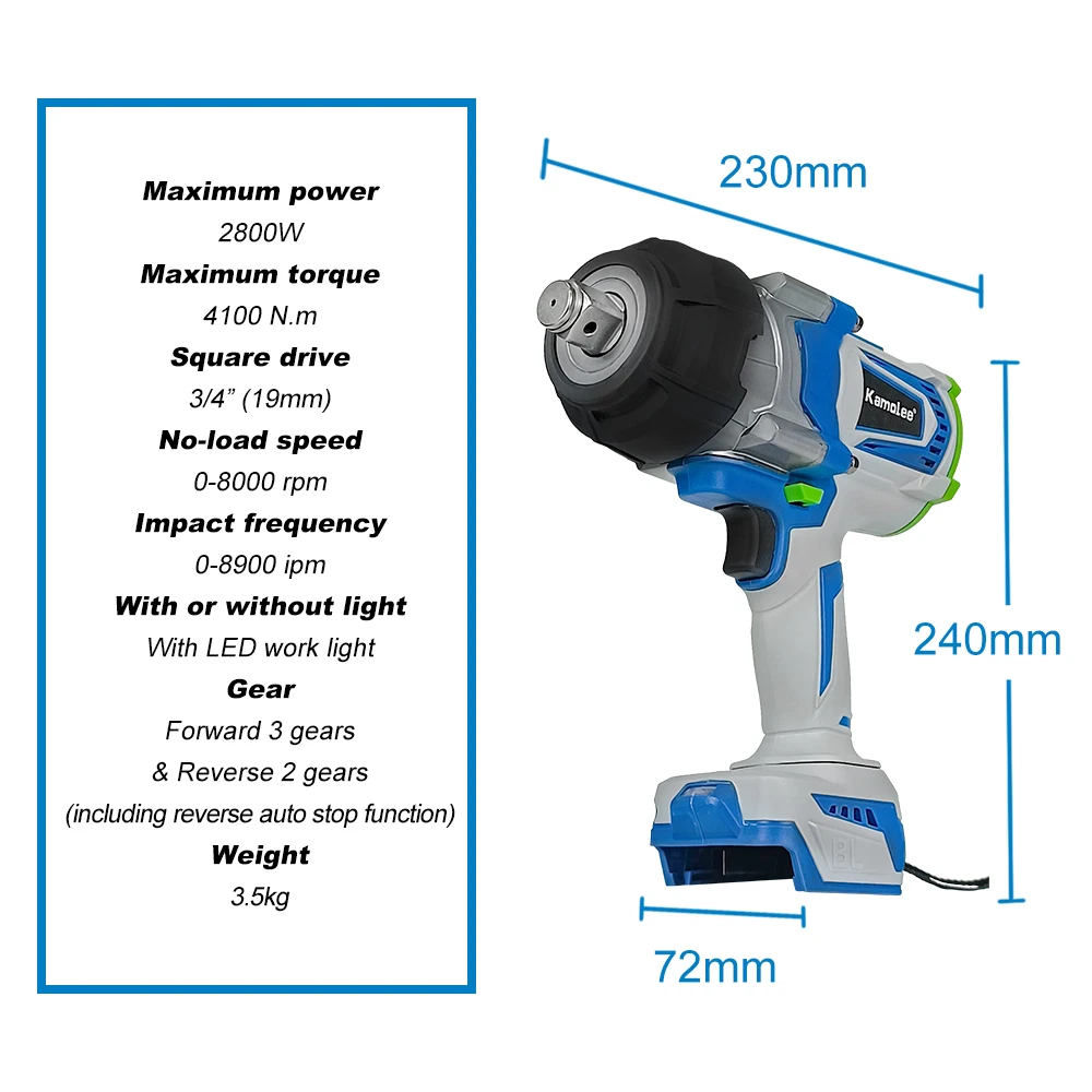 Kamolee 4100NM Brushless Electric Wrench 3/4 inch Cordless Impact Wrench Handheld Power Tool For Makita 18v Battery 2