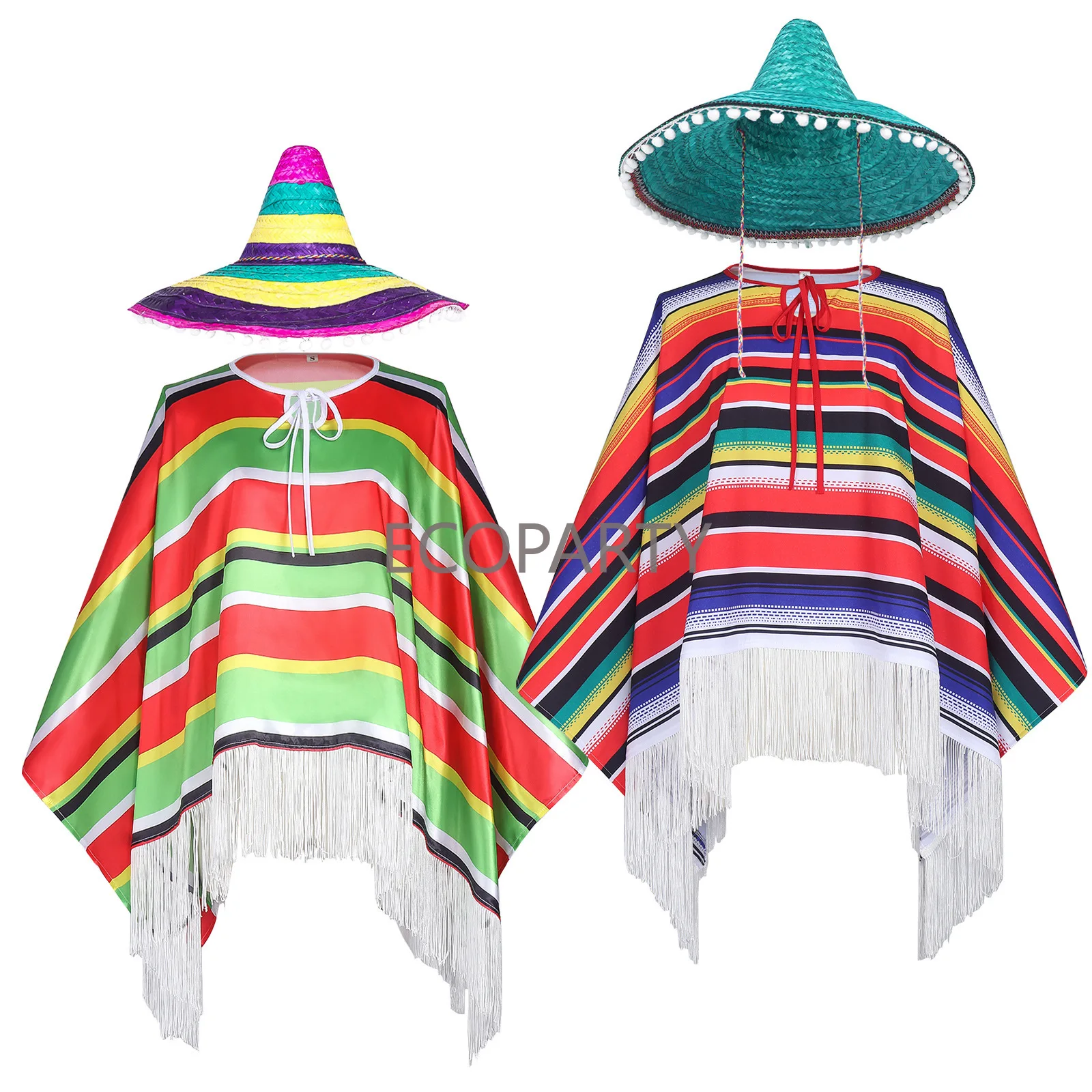 メキシコ　ポンチョ Mexican Sersapeポンチョコスチューム、ポンチョと帽子、メク