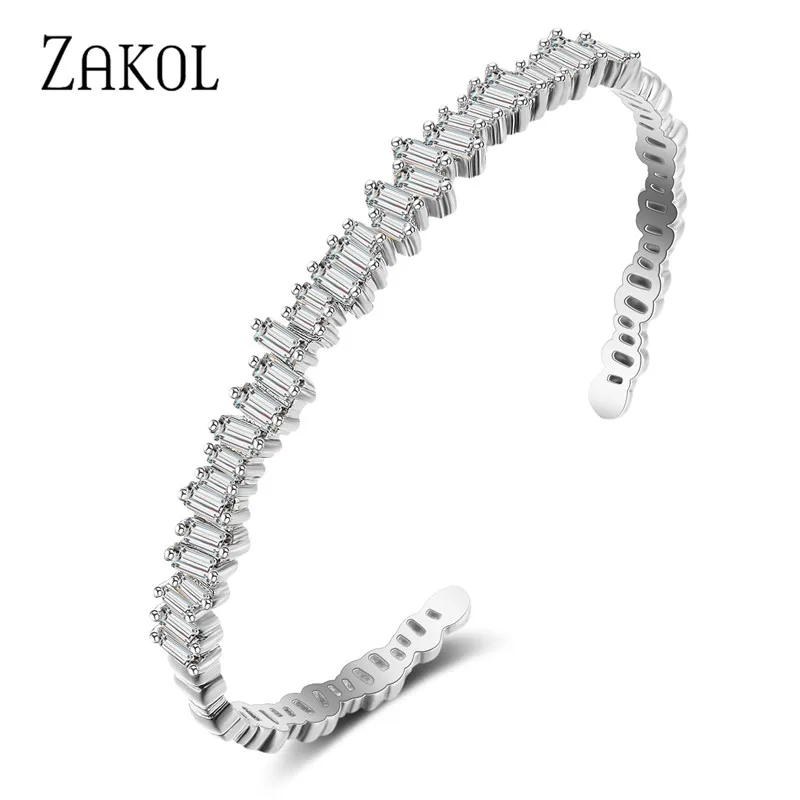 ZAKOL Fashion T Cubic Zirconia Cuff Bangles for Women Trendy Baguette Men Open Bracelet Bangle Geometry Girl Party Jewelry bangle bracelet zircon bracelet zirconia bangle