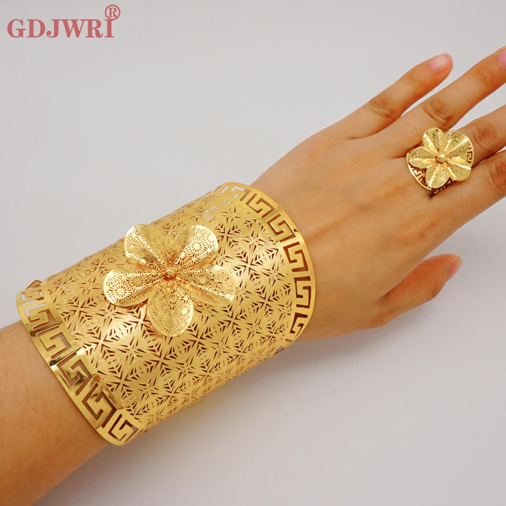 France Luxury Chain Cuff Bangle & Ring For Women Dubai Gold Color Indian Moroccan Big Bracelet Jewelry Arabic African Wedding