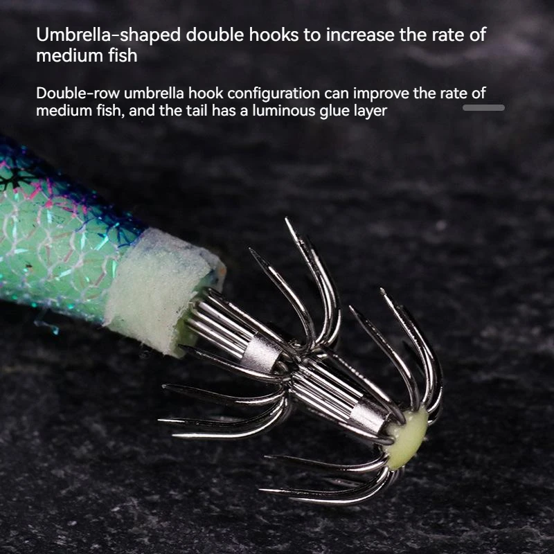 Fishing Double Umbrella Hooks, Doublerow Squid Hook Larger Luminous Powder  Squid Hook Jigs for Outerdoor Fishing