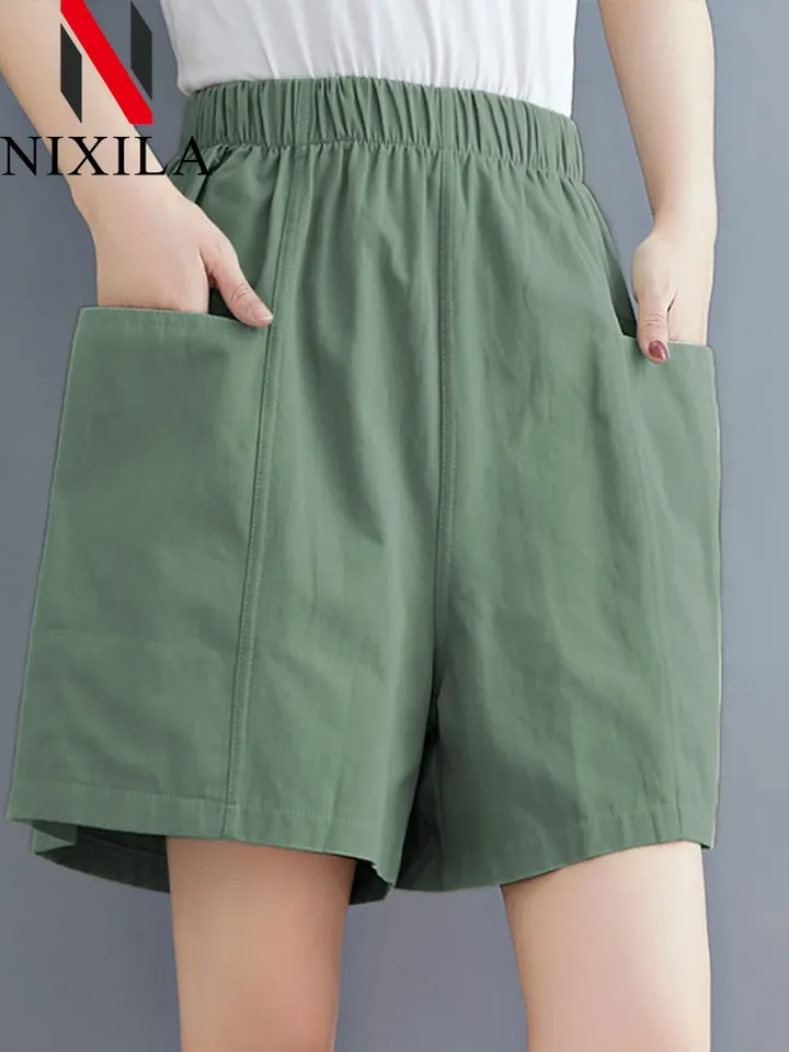 Summer Wide Leg Cotton Shorts for Women Loose Fit Casual Elastic Waist Bloomers Solid Color Cropped Pants to Calf Length