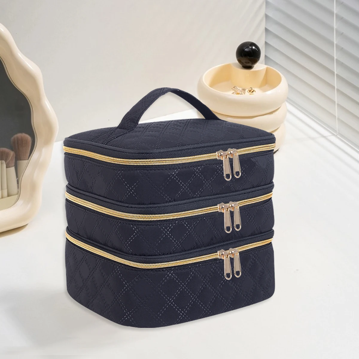 3-Layer Large Capacity Quilted Makeup Bag Organizer with Handles - Suitable for Travel and Home Organizer 5