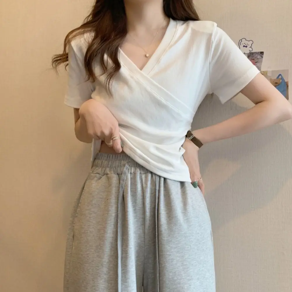 

Fashion Sexy Cross Collar T-shirt New Sweet Temperament Short Top Summer Popular V-neck T-shirt Outdoor