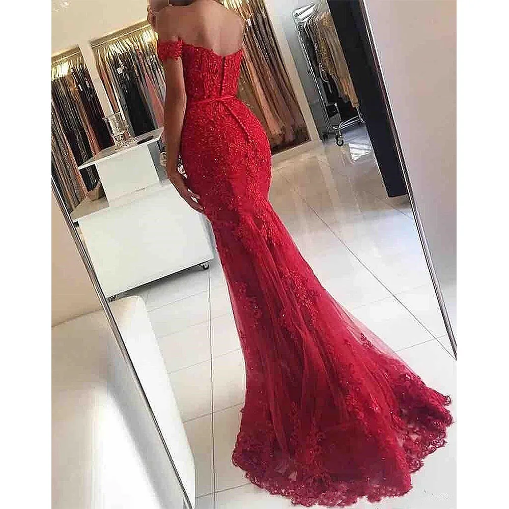 

Private Custom Elegant Party Dresses for Women 2023 Fire Enthusiasm Red Off the Shoulder Mermaid High Work Embroidery Button