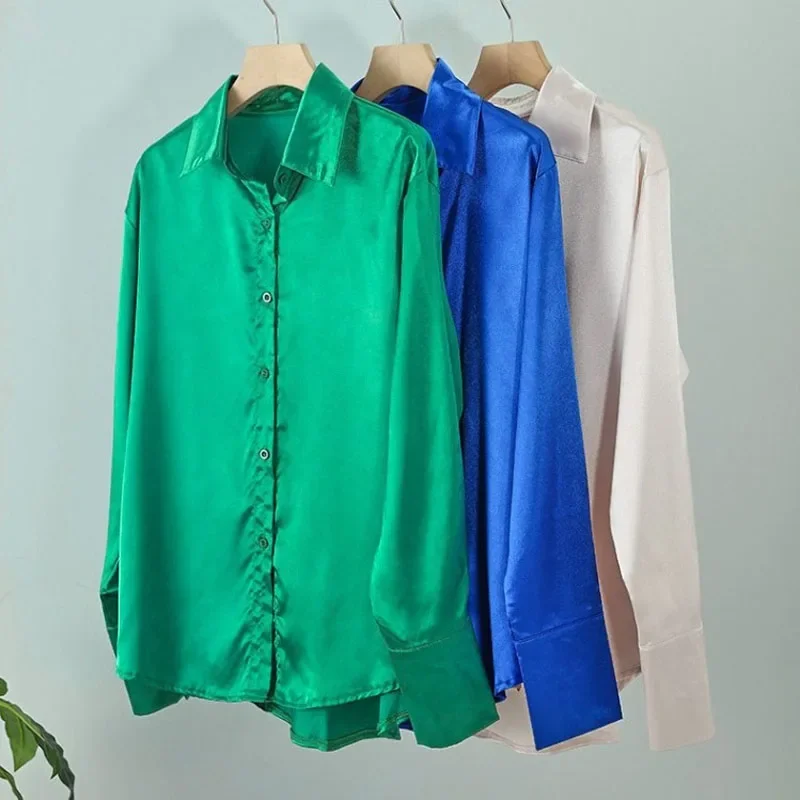 Silk Long Sleeve Women Shirt Casual Loose Button Up Blouse