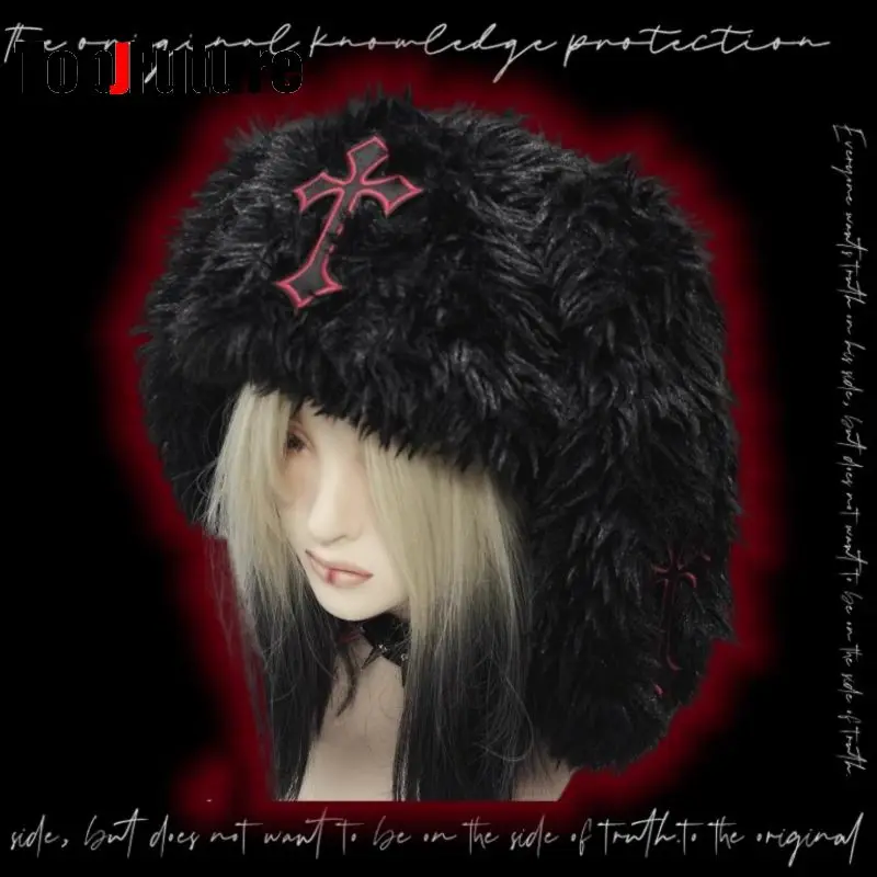 Women Japanese Harajuku Y2K Long Rabbit Ear Hat Gothic fluffy cross Winter Warm Bunny Ear Caps winter hat fashion hat