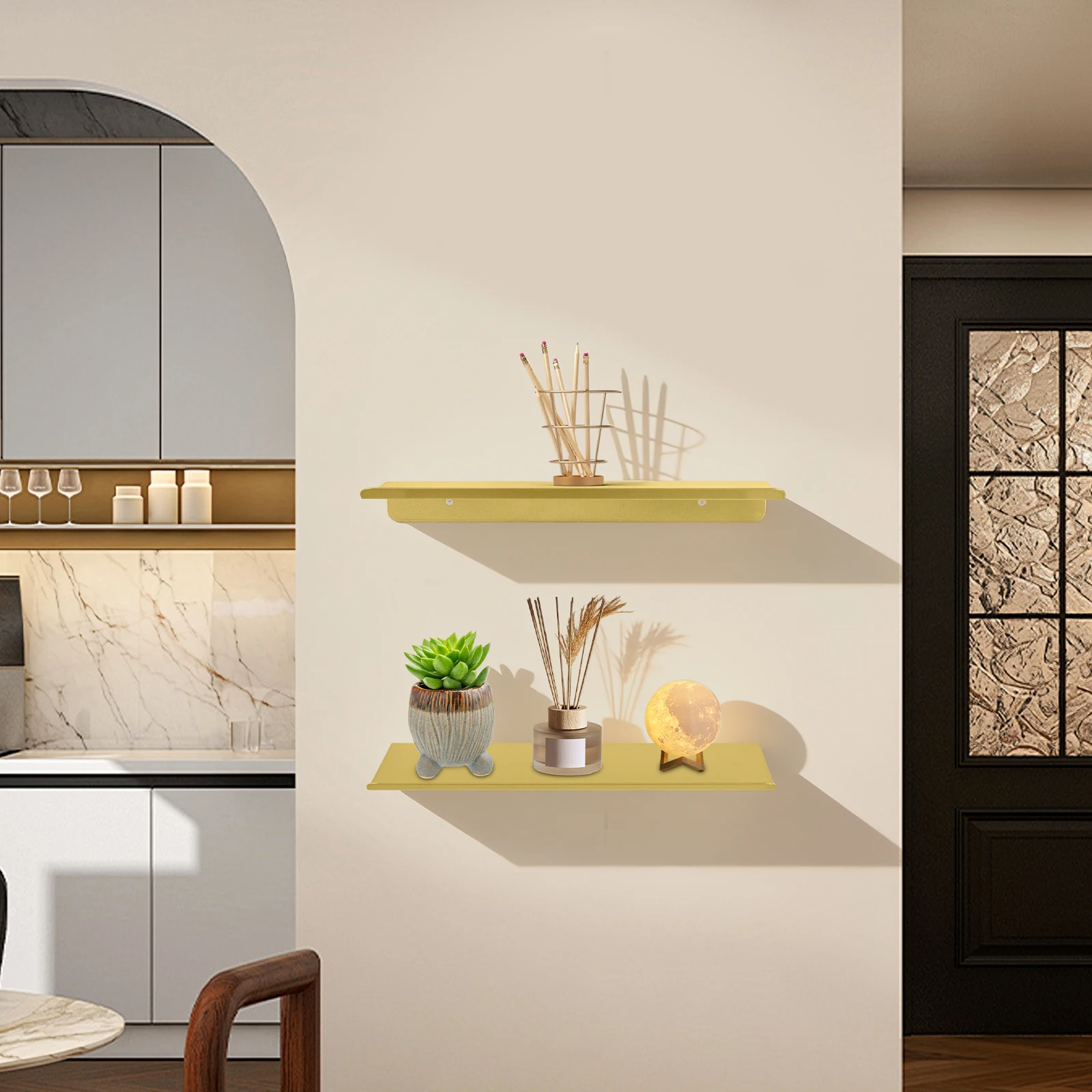 Gold Metal Wall Shelf, 2 PCS 30*12.5*3.2cm/11.81*4.92*1.26in Floating Shelves, Decorative Wall Shelf for Photos for Living Room, Bedroom, Hallway, Office, Capacity: About 9.07kg/20lbs