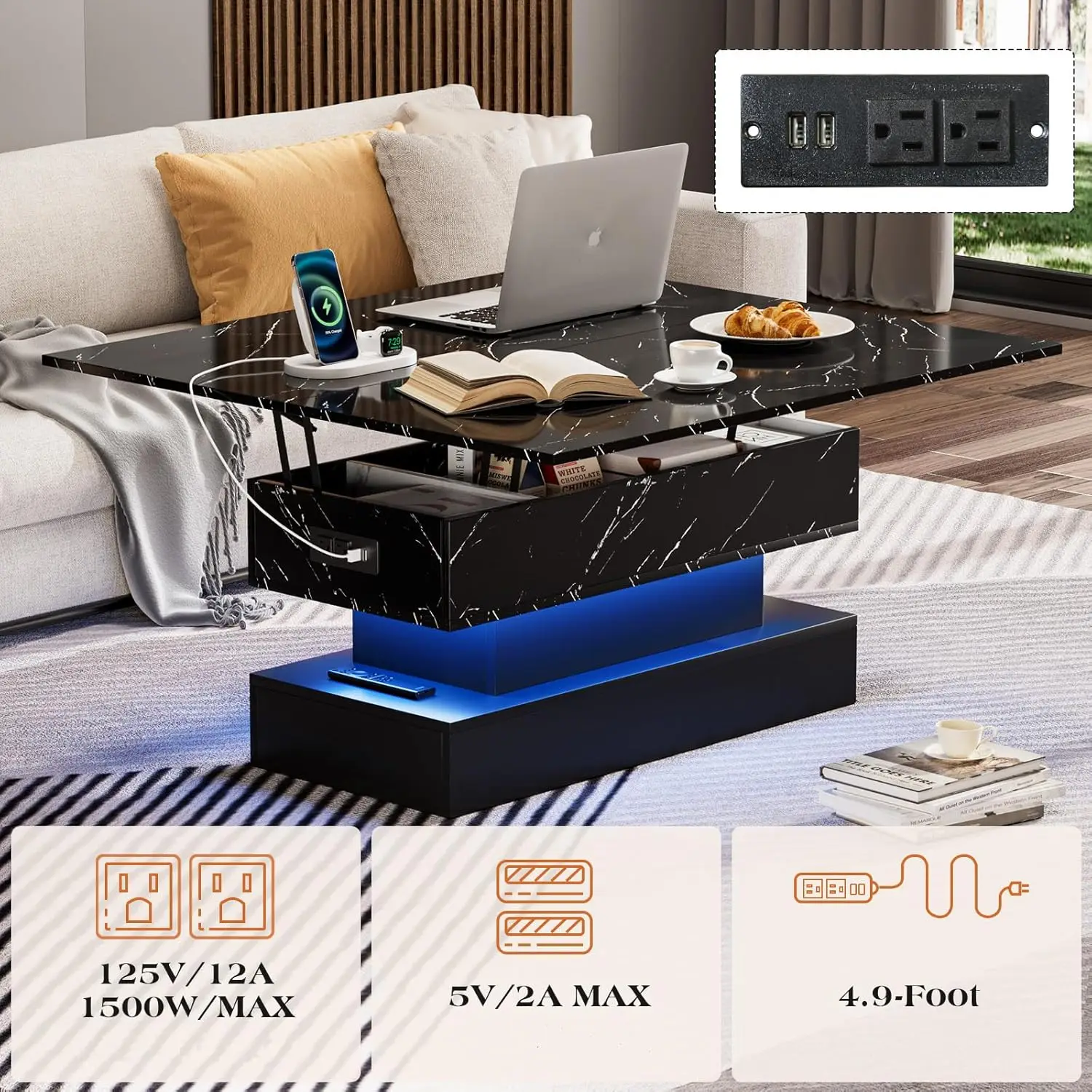 Modern High Glossy Center Table with LED Light, 3 in 1 Multifunctional Coffee Table with Storage & Hidden Compartments