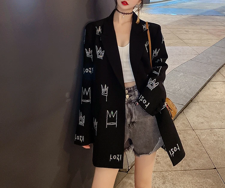 Trendy Black Suit Coat 2022 New Spring Autumn Loose Crown Hot Drilling Mid-long Blazers Elegant Long Sleeve Streetwear Jackets