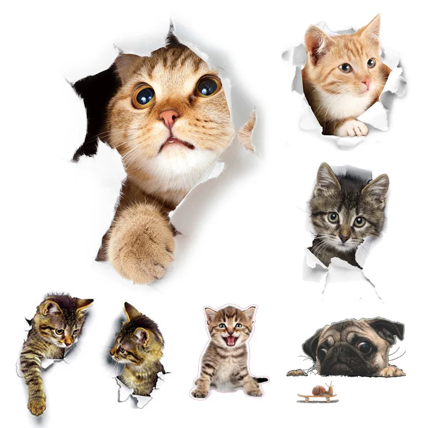 Vivid 3D Hole Cat Dog Toilet Stickers Home Decoration Diy Wc Washroom/Door Posters Kitten Puppy Cartoon Animals Wall Art Decals