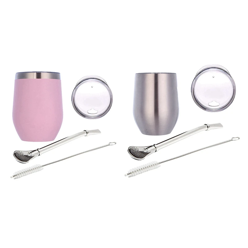 

2 Set Stainless Gourd Mate Tea Set Water Mate Tea Cup With Lid Spoon Straw Bombilla Head Filter Brush,Pink & Silver
