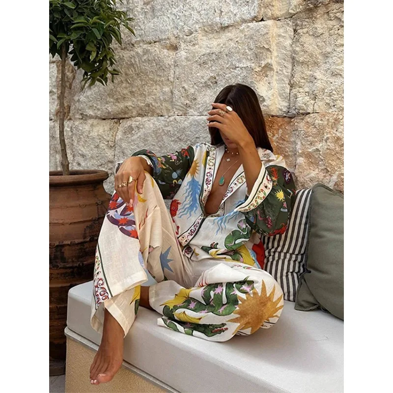 Print Long Pants Suit Women Casual Loose Fashion Lapel Shirts Female 2024 Spring Summer Elegant Cotton Linen Set 2 Pieces Lady