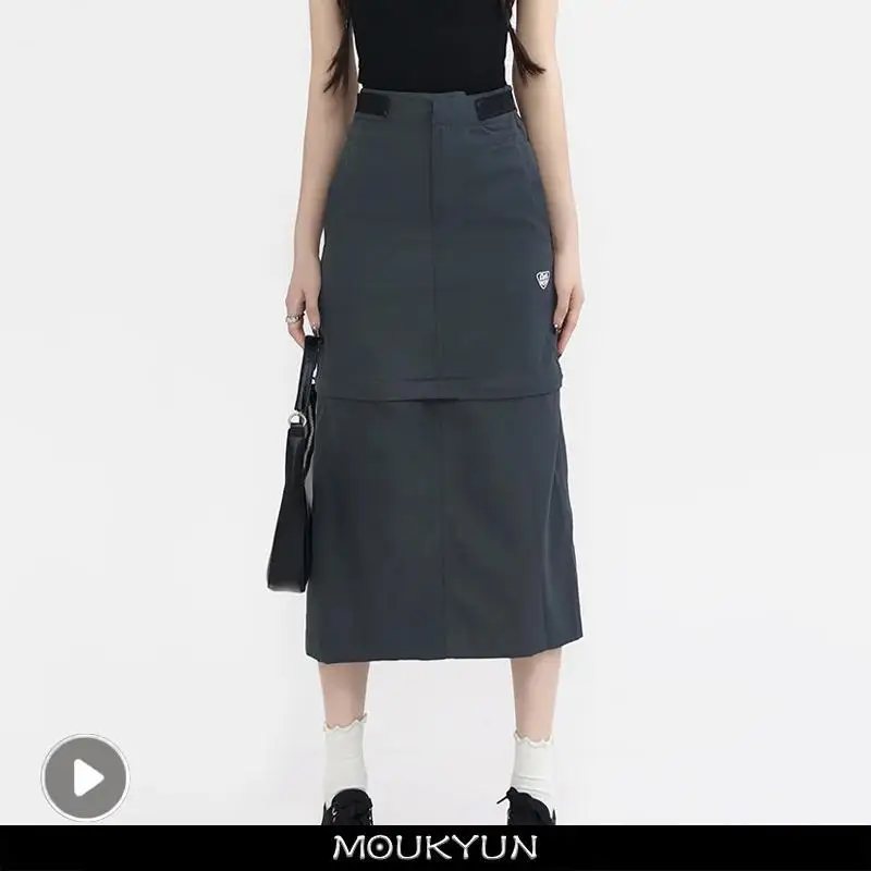 

MOUKYUN Cargo Long Skirt Women Summer Harajuku Grey High Waist Slim Detachable Midi Skirts Y2k Korean Wrap Hip Female Streetwear