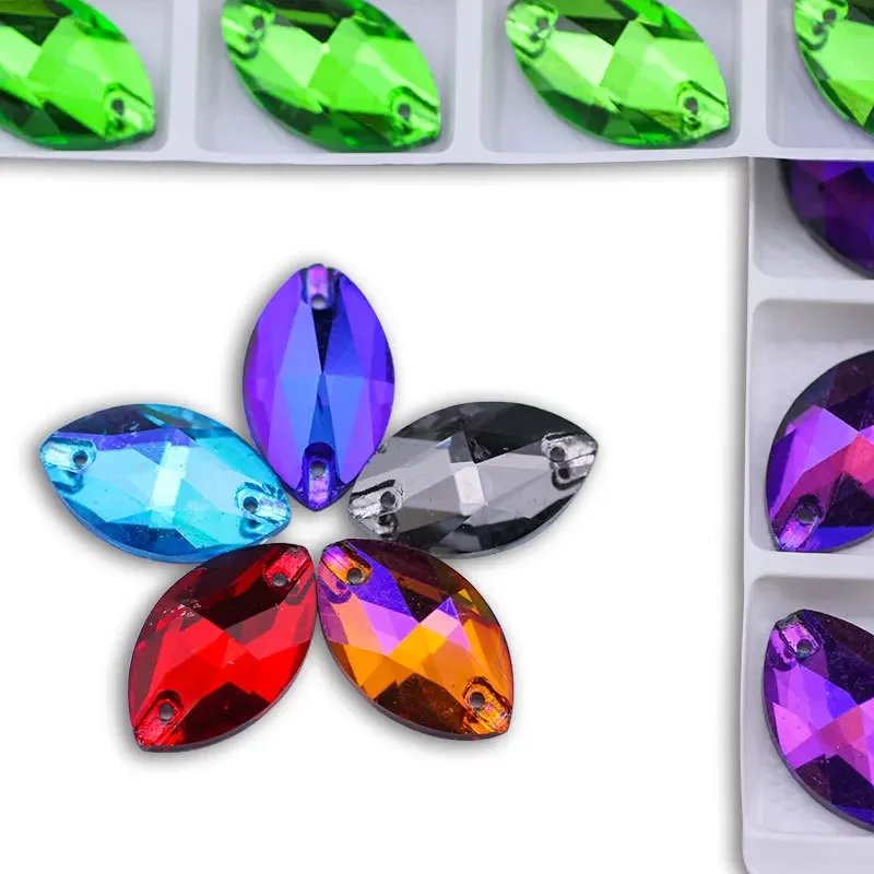 

AB Color Horse Eye Sew on Rhinestone Glass Flatback Sew on Crystal Navette Sewing Stone with 2 Holes for DIY Decoration