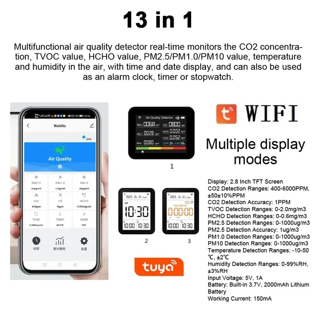 WIFI Air Quality Monitor CO2 Detector Real Time Monitoring 4