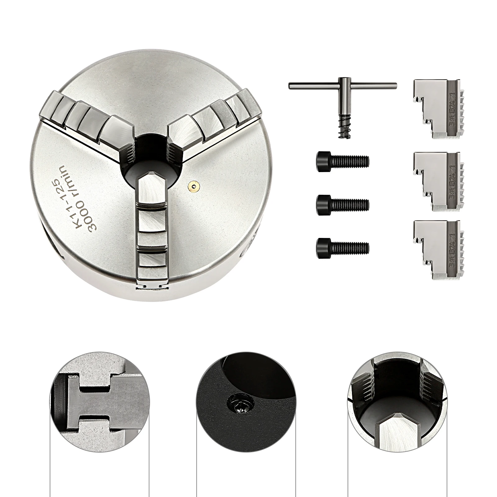 80mm/100mm/125mm 3-Jaw Self-Centering Chuck Adjustable Lathe Chuck Tools Set with Wrench for Clamping Milling Drilling Turning