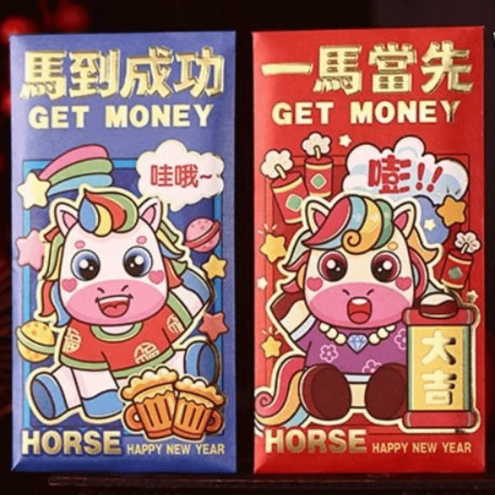 6pcs Best Wishes 2026 Horse Year New Year Red Envelope Cartoon Traditional Red Pocket Hongbao Paper Money Bag Spring Festival