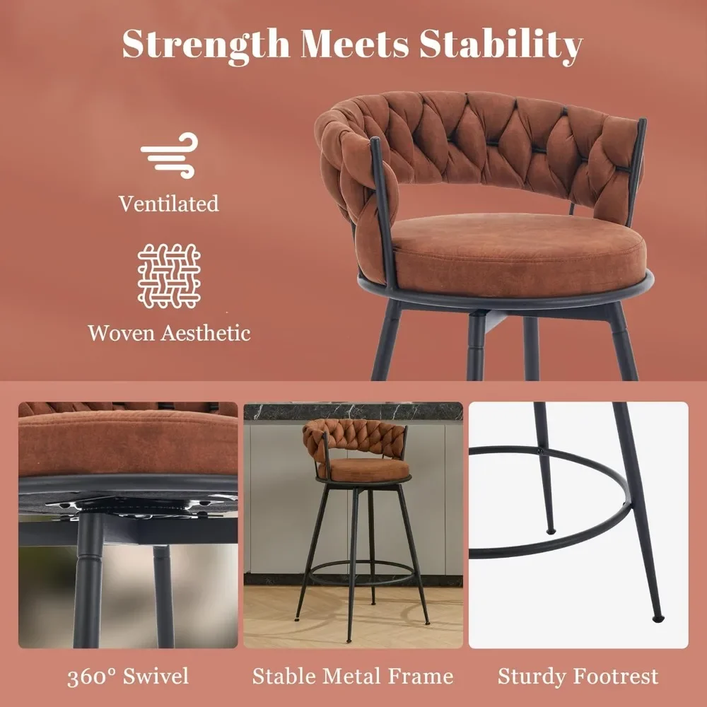 360&deg; Swivel Bar Stools, 28inch Counter Height Bar Stools Modern Barstools with Woven Back and Suede Fabric