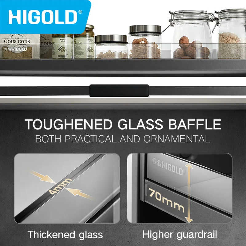 HIGOLD Pull Down Basket Kitchen Hanging Cabinet Lifting Basket Shelf Tempered Glass Design Bowl Double Spice