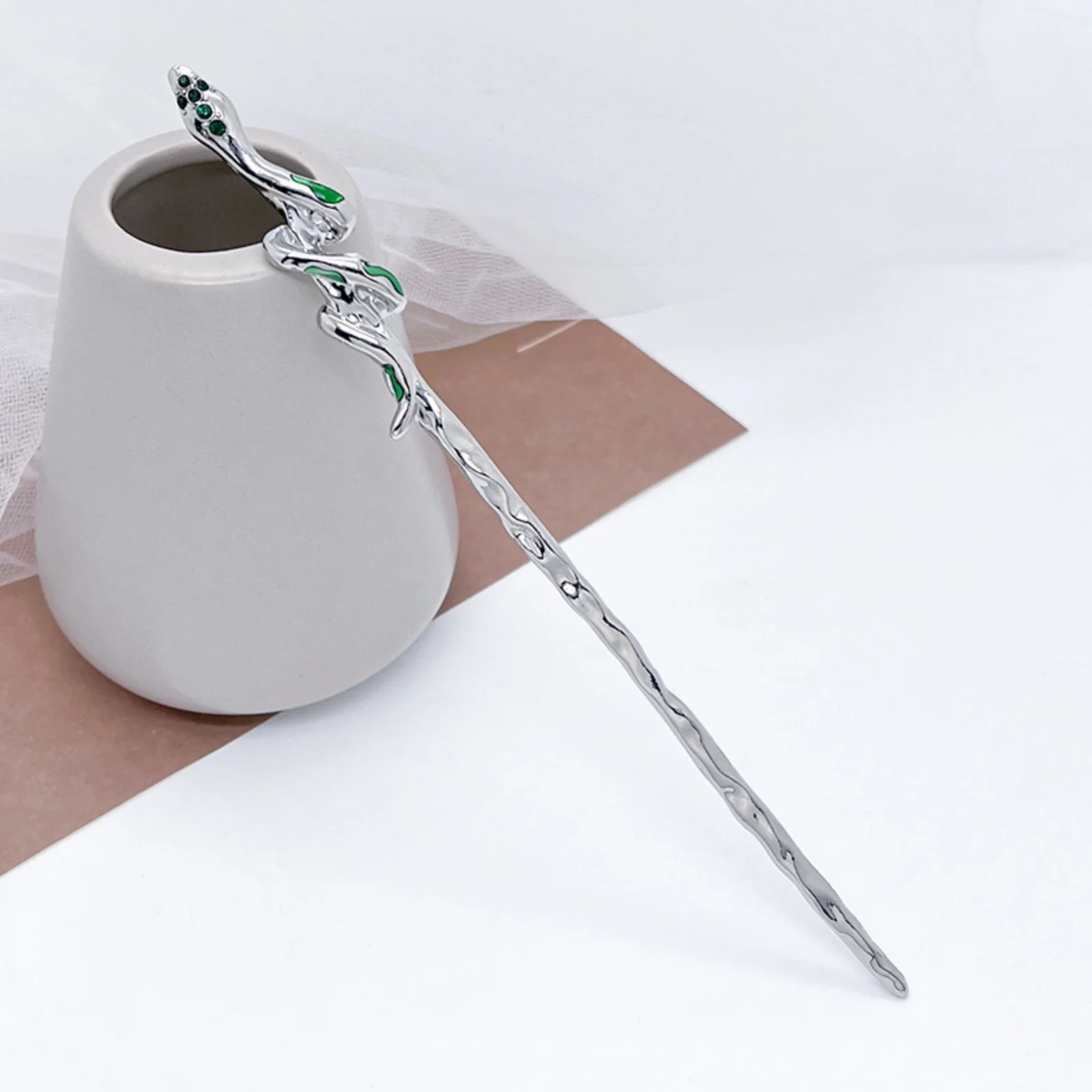 1PC  Snake - Shaped Metal Hair Sticks, Gold & Silver Hairpins with Green Accents, Gothic - Style Hair Accessories for Women