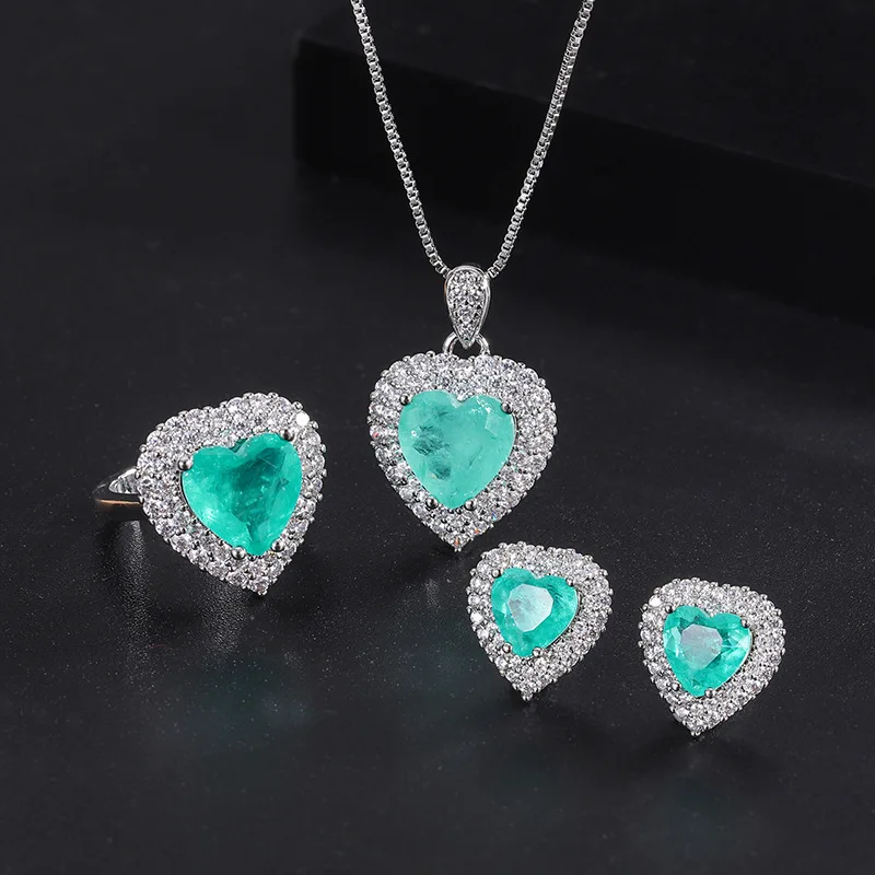 Qtt Classic Heart Shape Crystal Paraiba Tourmaline Set Di Gioielli Per Le Donne Banchetto Nuziale Di Nozze Regalo Di San Valentino