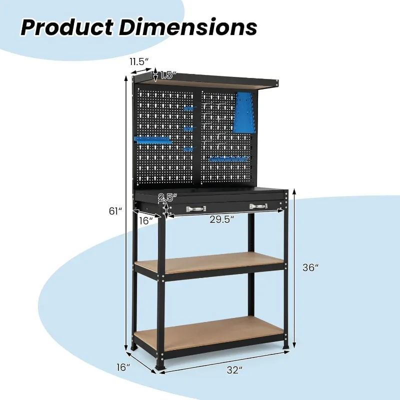 Bench with Drawers, 965LBS Capacity Work Table for Garage, Home,  (Blue Standard Size with Drawer) 2