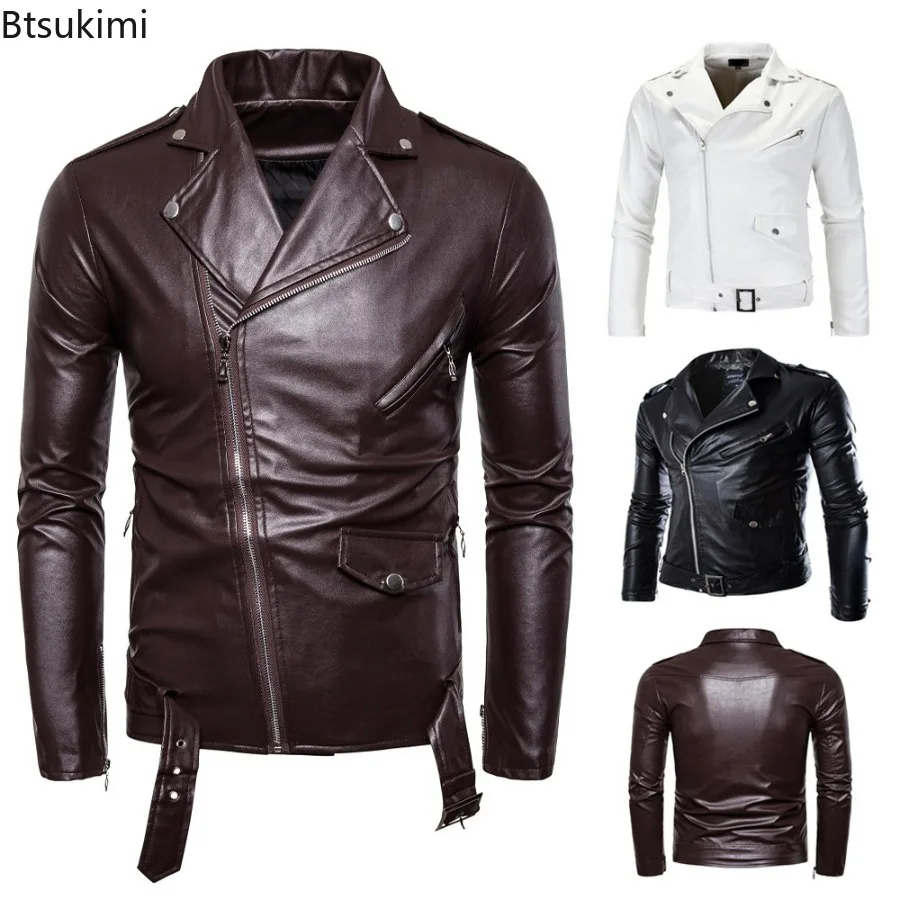 

2024 Men's PU Leather Jacket Lined Jacket Slim Street Biker Coat Mens Leisure Overcoat Turn-down Collar Long Sleeve Trench Coat