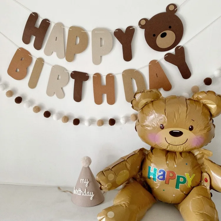 Lovely Retro Bear Flag Decoration Non-woven Fabric Happy Birthday Party Banner Baby Shower Kids Birthday Decoration Supplies