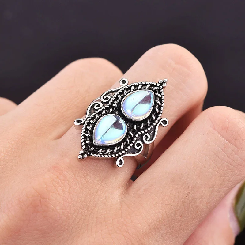 

HOYON new water drop pear shaped moonstone ring for women jewelry s925 silver color retro Thai silver ring ladies for box gift