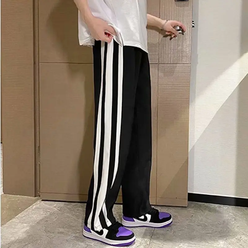 Fashion Preppy Style Loose Student Striped Sports Casual Straight Pants Men Elastic Waist Drawstring Pocket Wide Leg Trousers