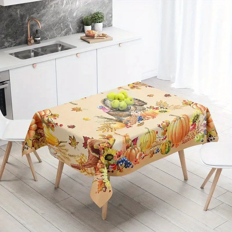 Thanksgiving Turkey Rectangle Tablecloths Autumn Pumpkin Flowers Maple Leaf Table Cover Kitchen Holiday Party Dining Table Decor 5