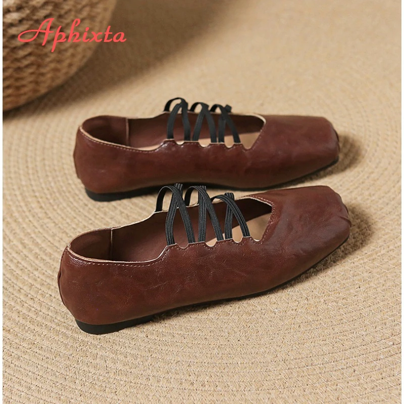 Aphixta Square Toe Black Flats Shoes Slip On Elastic Bands Cross Straps Womens Shoes Elegant Flat with Ladies Shoes