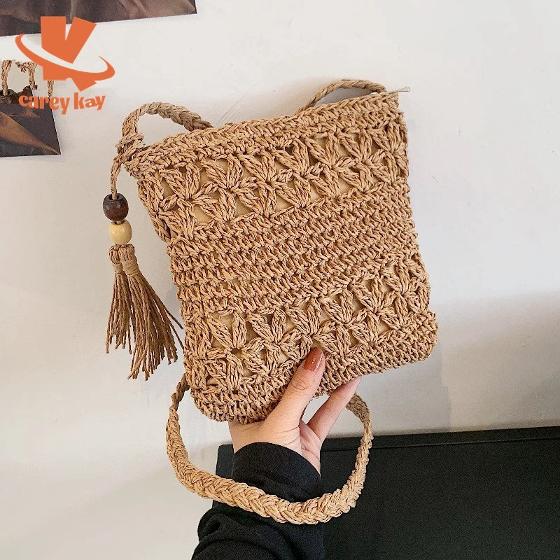 Carey Kay Fashion Straw Shoulder Bags Tassel Rattan Bag Summer Women