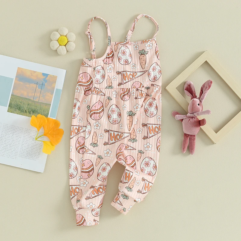 

Toddler Baby Girl Easter Outfits Bunny Carrot Floral Sleeveless Romper Jumpsuit Pants Set Summer Clothes