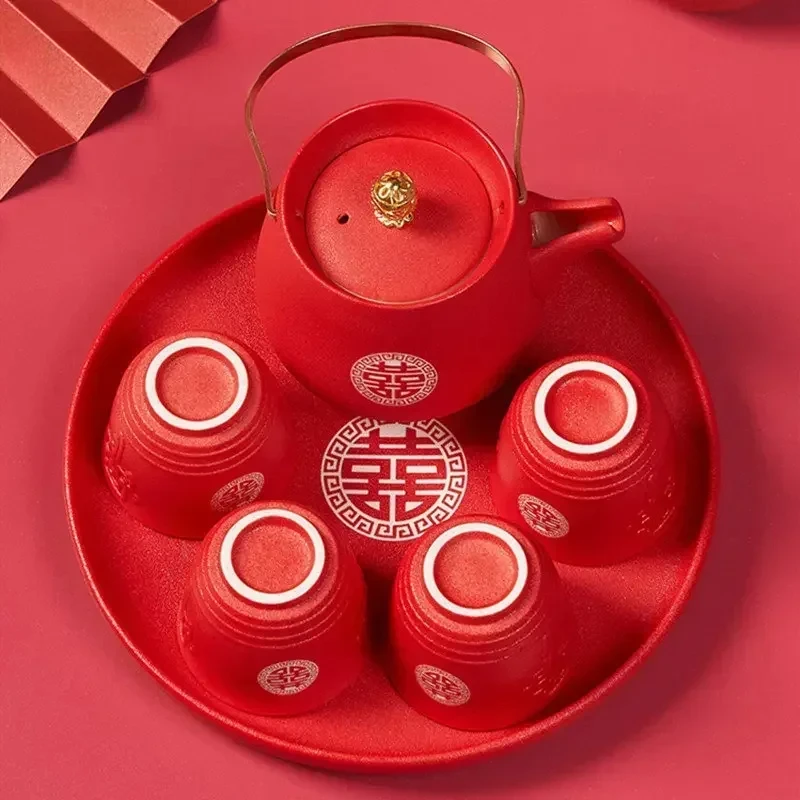 Household Red Ceramics Tea Pot Set Boutique Tea Pot and Cup Set Sets Gifts Handmade Teaware Accessories