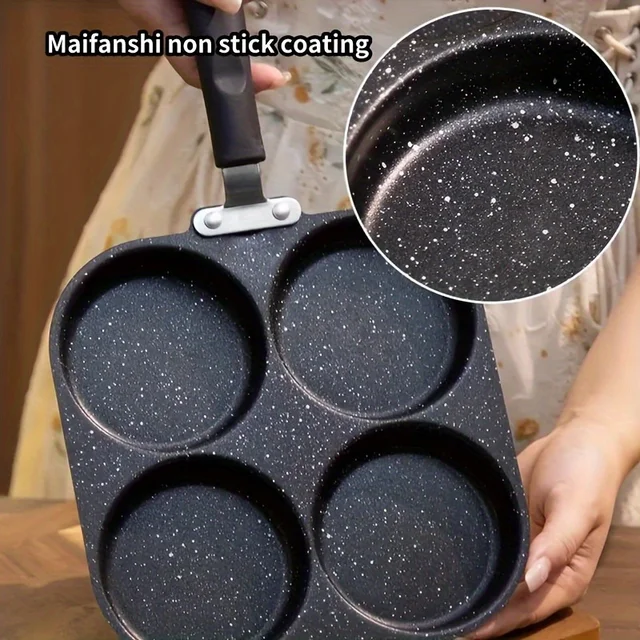 Durable 4-hole campsite frying pan for cooking multiple eggs or pancakes over portable gas burners.