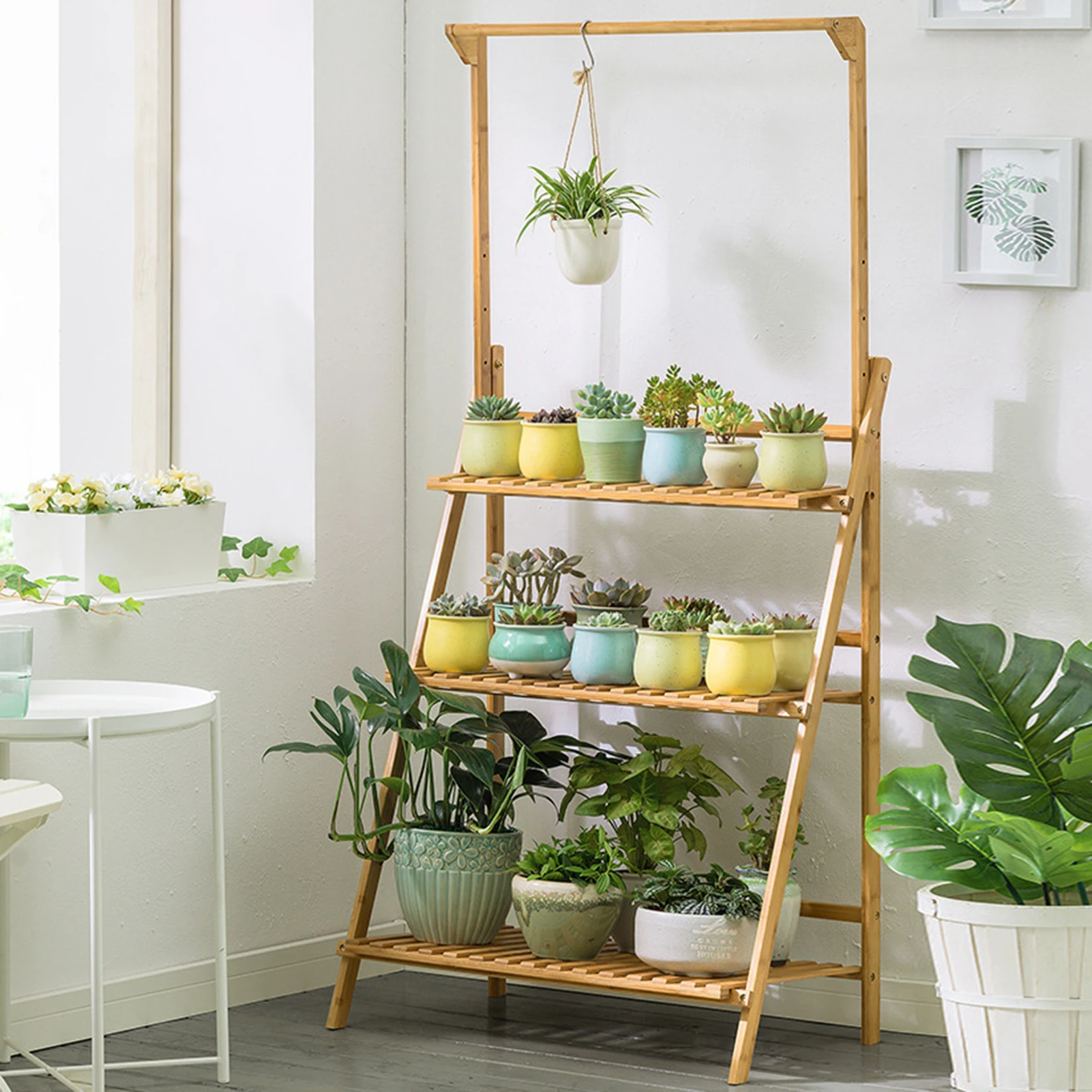 Bamboo 3 tier plant stand rack multiple flower pot holder shelf indoor outdoor planter display shelving unit patio greenhouse