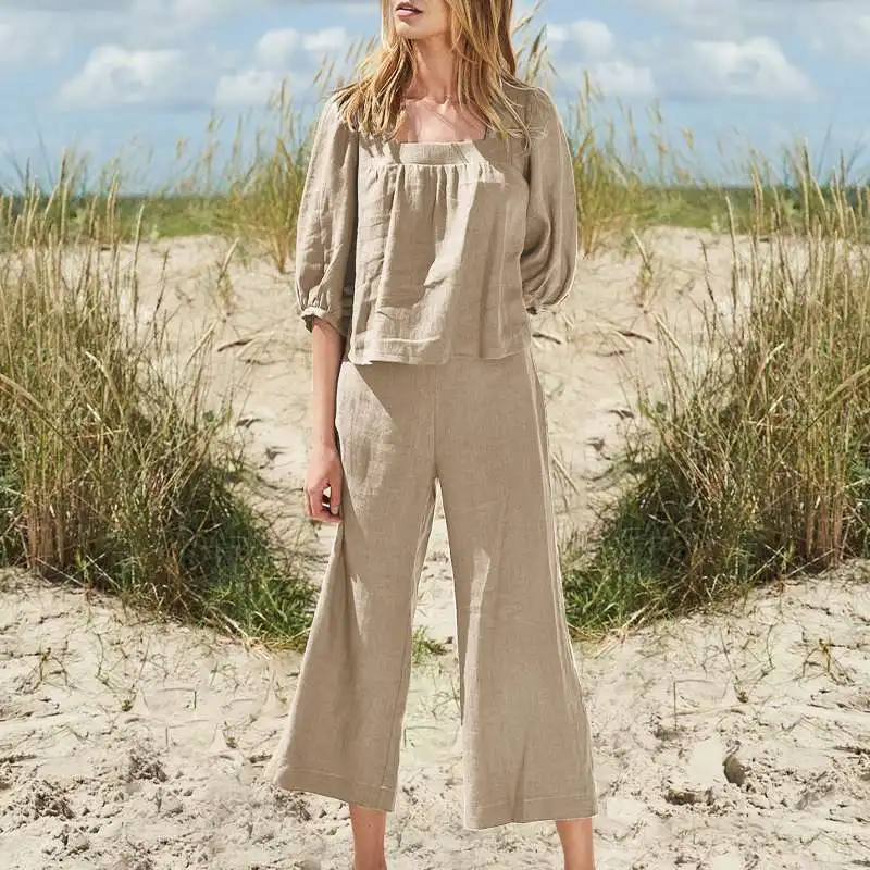 Women's Cotton Linen Sets Autumn Spring Pocket Wide Leg Pant Suits Two 2 pcs Sale JYFS-6439 1
