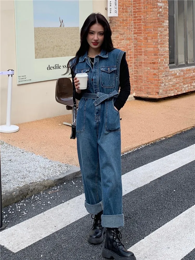 

Sleeveless Overalls Jeans Multi-pocket Bandage Wide Leg Jumpsuit One Piece Denim Pants Sets Women Streetwear Hip Hop Romper 0211