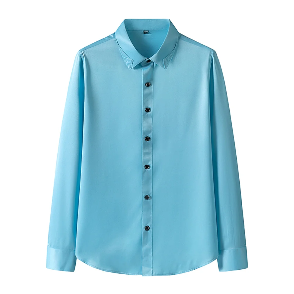 

High Quality Silk Shirt Men Casual Long Sleeve High Quality Fashion Solid Elastic Mens Dress Shirts Business Male Shirt