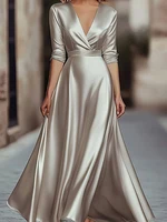 Spring/Autumn Collection: French-inspired Elegance Luxury-feel V-neck Long-sleeved Fitted Waist Dress Evening Gown for Banquets