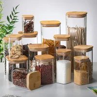 Square bamboo lid sealed transparent glass jar Food tea multi-grain storage jar Coffee storage jar Large capacity spice jar 1