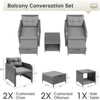 Balcony Furniture 5 Piece Patio Conversation Set, PE Wicker Rattan Outdoor Lounge Chairs with Soft Cushions 2 Ottoman&Glass Tabl 2