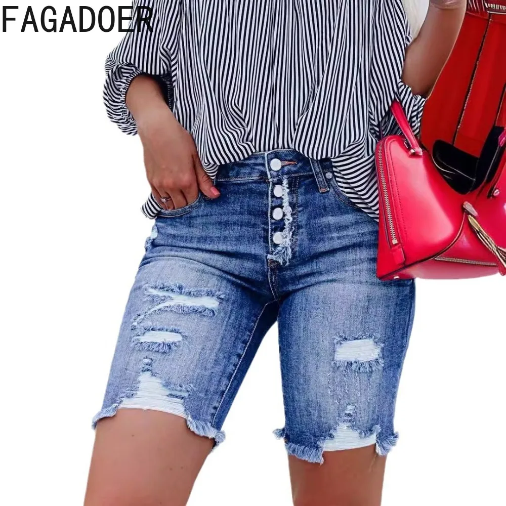FAGADOER Fashion Streetwear Women High Waisted Button Pocket Hole Denim Skinny Shorts Casual Female Cowboy Biker Shorts Bottoms