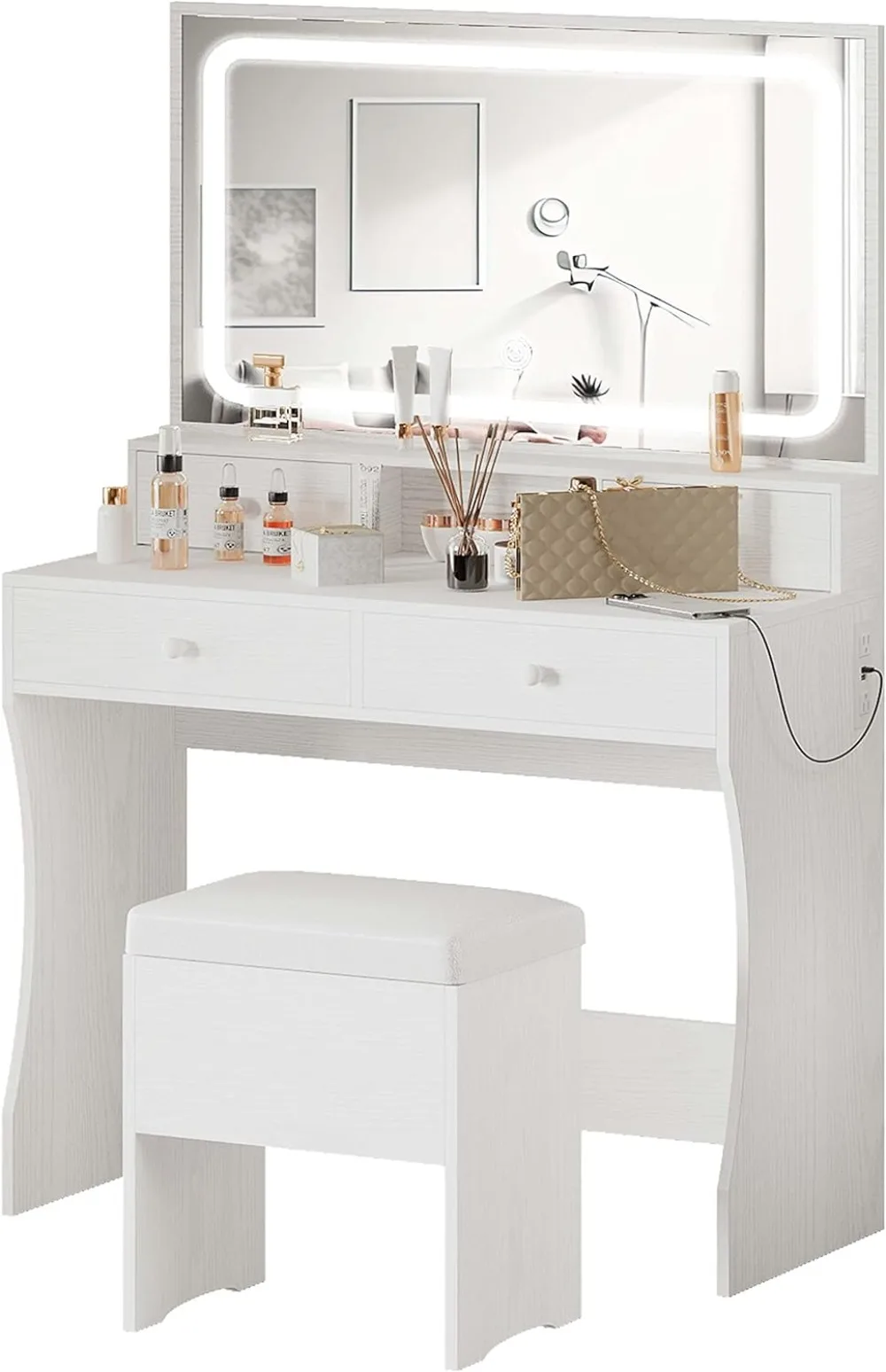 

IRONCK Vanity Desk Set with LED Lighted Mirror & Power Outlet, Makeup Vanity Table with 4 Drawers,Storage Bench,for Bedroom