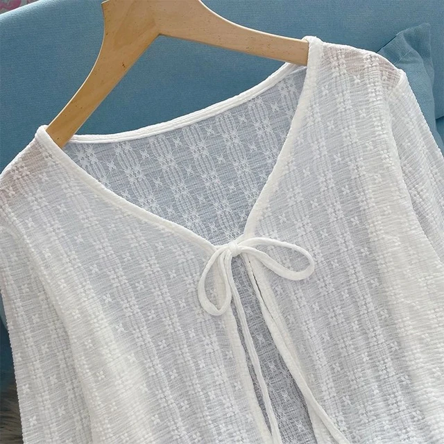 2024 White Tie Up Summer Cardigan Women Sexy Long Sleeve Sheer Mesh Crop Tops Woman Chic All Match Short Printed T Shirt Mujer 4