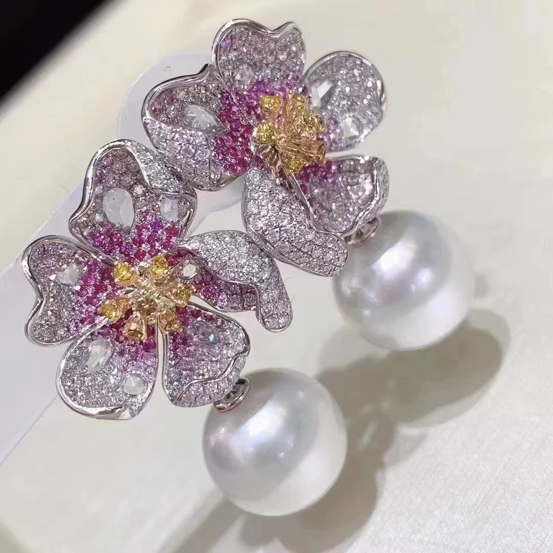 

Elegant Full Diamonds Flower 925 Silver 10-11mm Natural Freshwater Pearls Earrings Women Cubic Zirconia Fine Jewelry for Gift